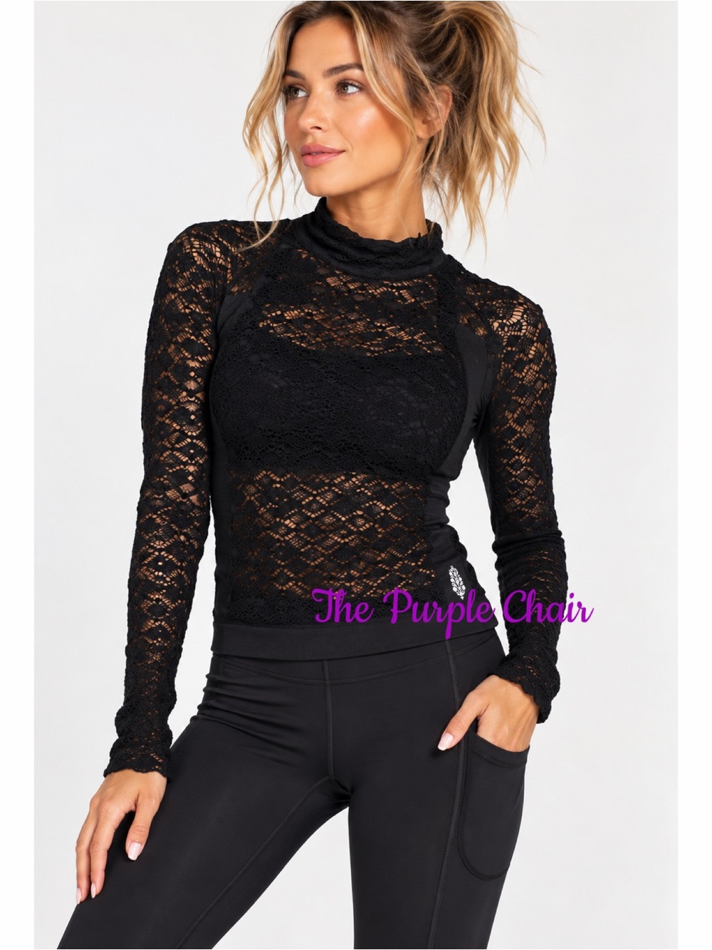FREE PEOPLE Black Diamond Lace Mockneck Top